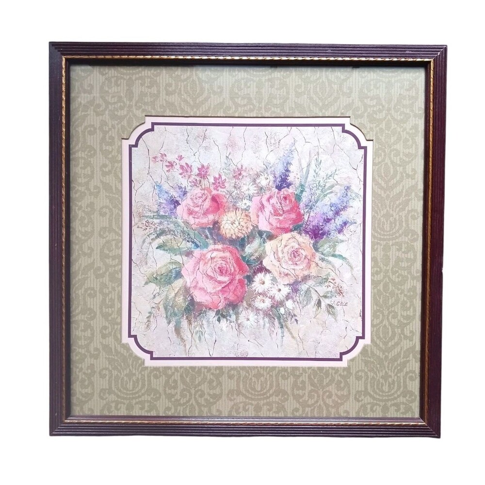 Vtg Home Interiors Art Print Pink Roses Floral Bouquet Sage Mat Wood Framed EUC